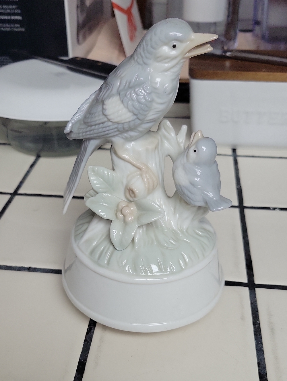 Vintage Porcelain Bird Music Box - Pale Gray and White Decorative Accent